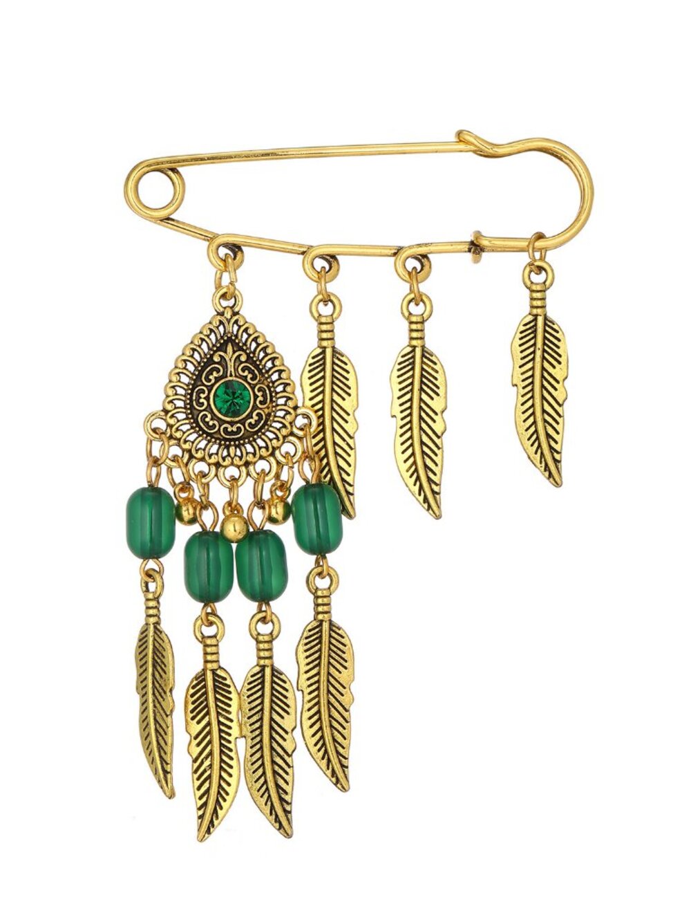Vintage Gold Feather Green Bead Tassel Brooch